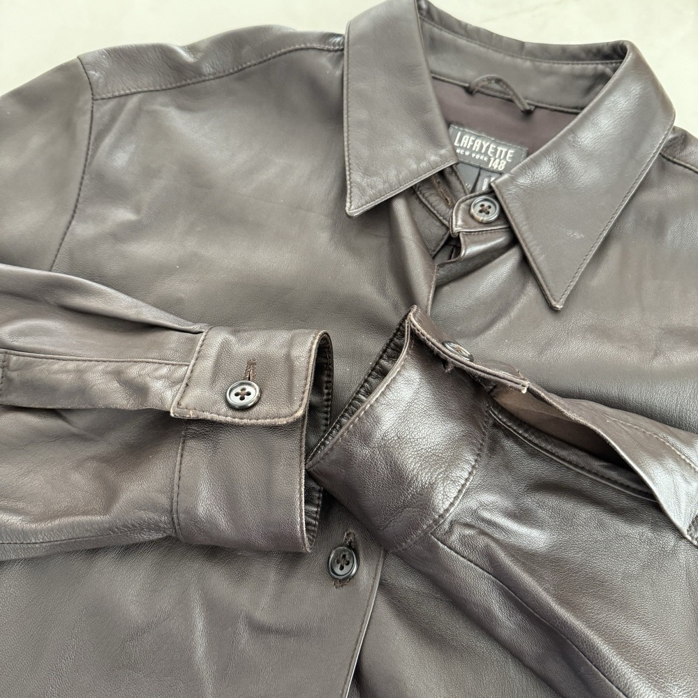 Lafayette 148 NY Genuine Leather Shirt Jacket Brown Luxury Investment Piece S10